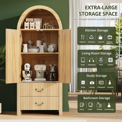71" Tall Fluted Arched Cabinet with Doors, Wood Pantry Storage Cabinet with 2 Large Drawers, Modern Versatile Bookcase for Living Room, Kitchen, Dining (Natural Oak)