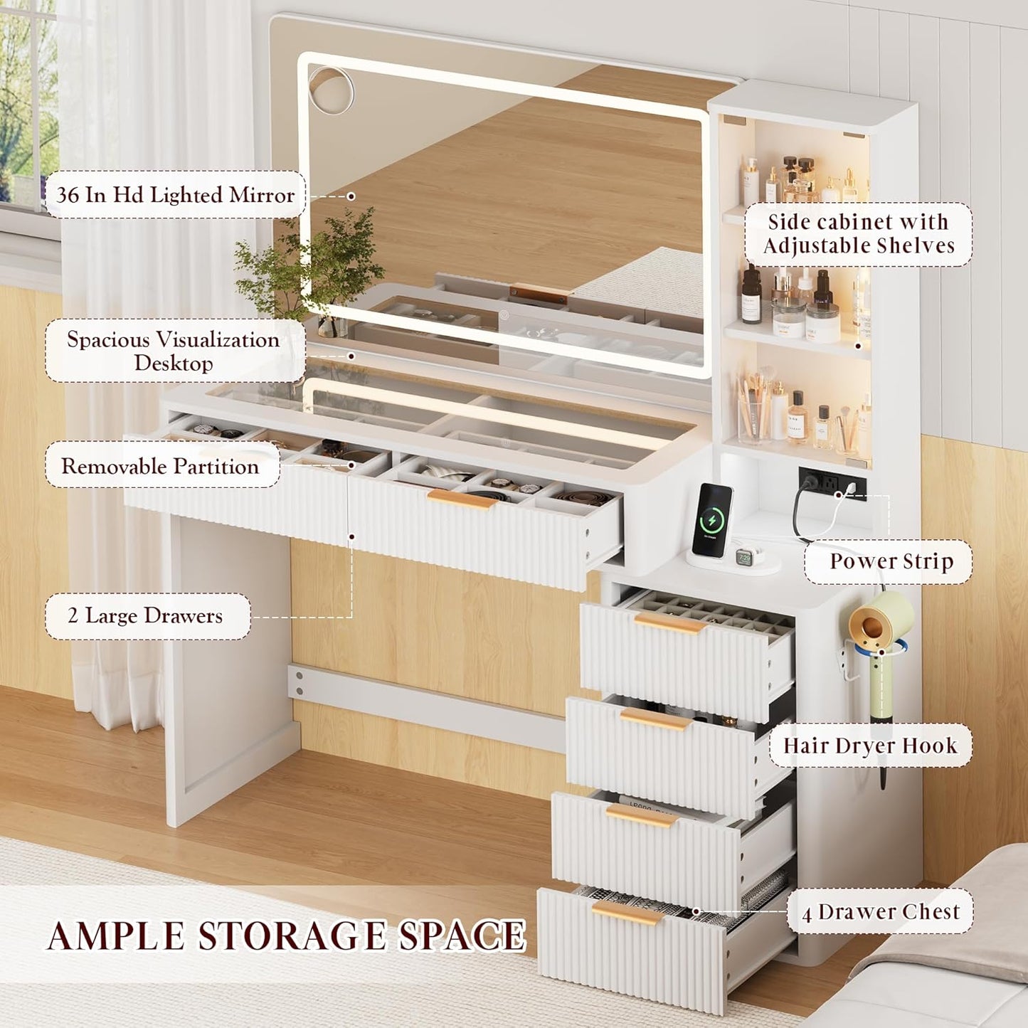 FURSUN 48" Fluted Vanity Desk with 36" LED Lighted Mirror, Glass Top Makeup Vanity Table with 6 Drawers & Adjustable Shelves, Modern Dressing Table with Charging Station for Bedroom, White