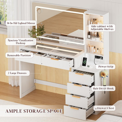 FURSUN 48" Fluted Vanity Desk with 36" LED Lighted Mirror, Glass Top Makeup Vanity Table with 6 Drawers & Adjustable Shelves, Modern Dressing Table with Charging Station for Bedroom, White