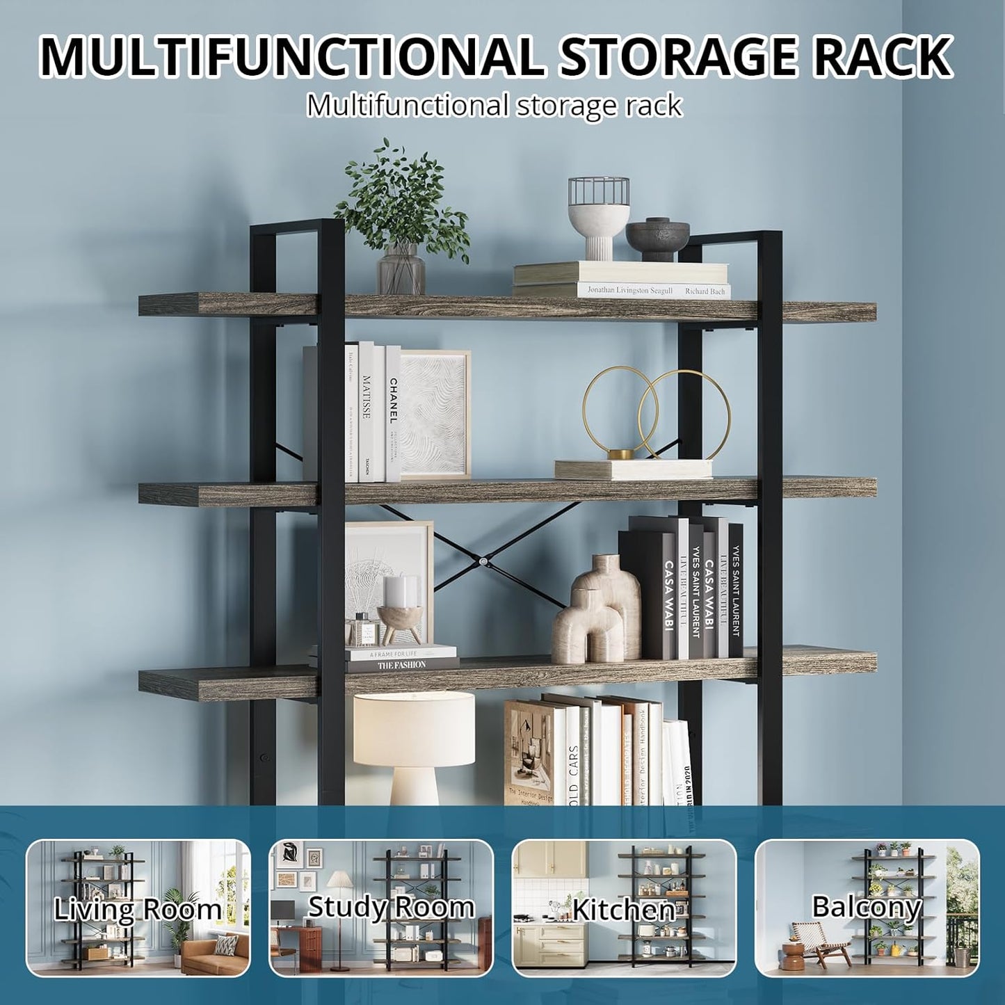 FURSUN Heavy Duty 4 Tier Bookcase, 55-in Tall Industrial Modern Large Bookshelf, Wood Farmhouse Bookcases Book Shelves and Metal Frame for Office, Bedroom, Living Room, Grey