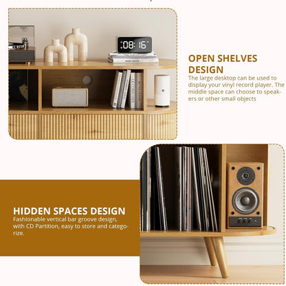 FURSUN 55" Large Round Record Player Stand, Record Storage Cabinet Holds Up 300 Albums with Charging Station & USB Ports, Fluted Modern Turntable Stand for Bedroom, Living Room, Natural Oak