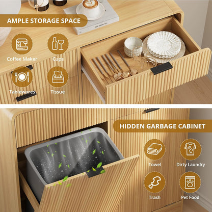 FURSUN 20 Gallons Tilt-Out Trash Can Cabinet, Fluted Laundry Hamper Cabinet with Drawers, Freestanding Pet Proof Hidden Garbage Recycling Cabinet for Kitchen, Living Room, Natural Oak