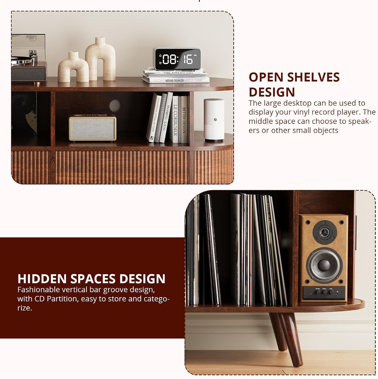 FURSUN 55" Large Round Record Player Stand, Record Storage Cabinet Holds Up 300 Albums with Charging Station & USB Ports, Fluted Modern Turntable Stand for Bedroom, Living Room, Dark Walnut