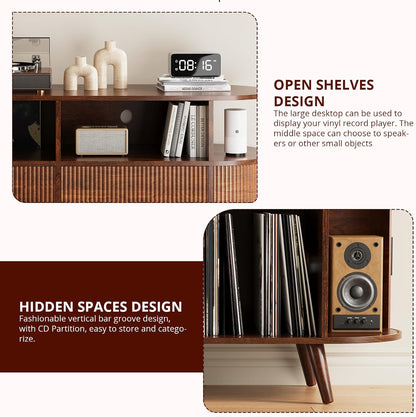 FURSUN 55" Large Round Record Player Stand, Record Storage Cabinet Holds Up 300 Albums with Charging Station & USB Ports, Fluted Modern Turntable Stand for Bedroom, Living Room, Dark Walnut