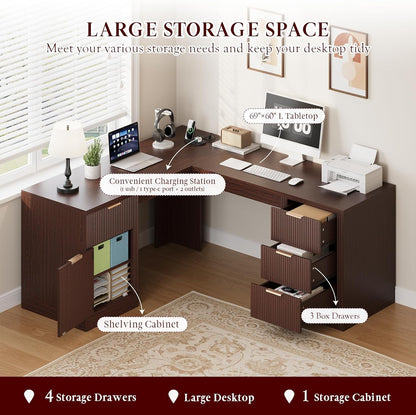 FURSUN 69" Executive L Shaped Desk, Wood Corner Executive Computer Desk with Power Outlets & Storage Drawers, Large Office Desk Workstation for Home, Dark Walnut