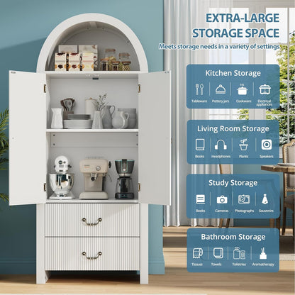 71" Tall Fluted Arched Cabinet with Doors, Wood Pantry Storage Cabinet with 2 Large Drawers, Modern Versatile Bookcase for Living Room, Kitchen, Dining (White)