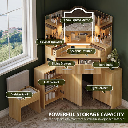 FURSUN Fluted Makeup Vanity Desk with HD 3 Way Mirror and Lights, 51" Large Corner Vanity Table with Charging Station, Dressing Table with 4 Drawers & 2 Storage Cabinets for Bedroom, Natural Oak