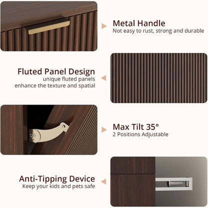 FURSUN 10 Gallons Tilt-Out Trash Can Cabinet, Fluted Laundry Hamper Cabinet with Drawers, Freestanding Pet Proof Hidden Garbage Recycling Cabinet for Kitchen, Living Room, Dark Walnut