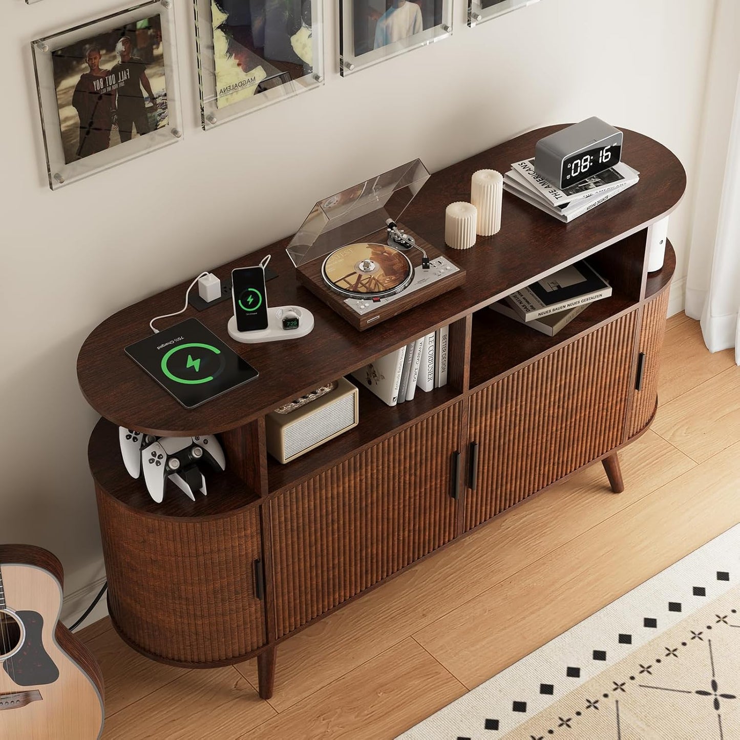 FURSUN 55" Large Round Record Player Stand, Record Storage Cabinet Holds Up 300 Albums with Charging Station & USB Ports, Fluted Modern Turntable Stand for Bedroom, Living Room, Dark Walnut