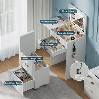 FURSUN 3-in-1 Vanity with Flip Mirror & Lights, Fluted Compact Vanity Table with 3 Drawers, Storage Compartment and Rolling Stool, Modern Small Makeup Vanity for Bedroom, Powder Room, Solid White