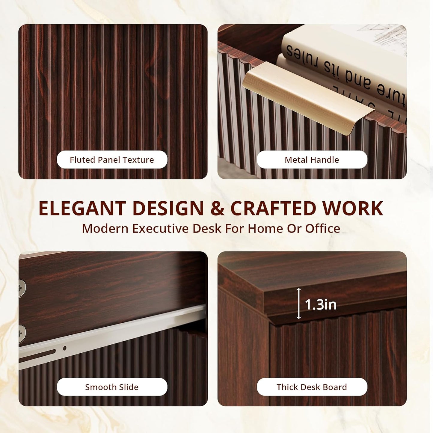 58" Fluted Modern Desk with Storage, Home Office Desk with 1 File Cabinet & 5 Drawers, Wood Executive Computer Writing Desk for Study, Living Room, Bedroom (Dark Walnut)