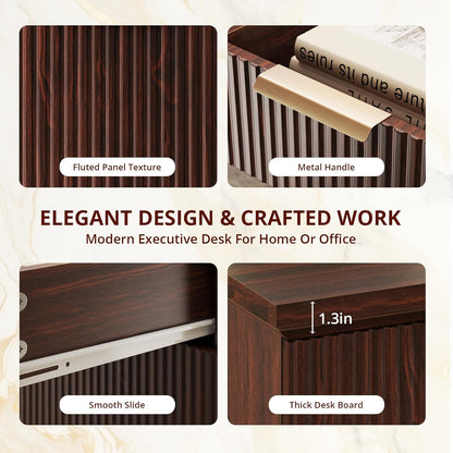 58" Fluted Modern Desk with Storage, Home Office Desk with 1 File Cabinet & 5 Drawers, Wood Executive Computer Writing Desk for Study, Living Room, Bedroom (Dark Walnut)