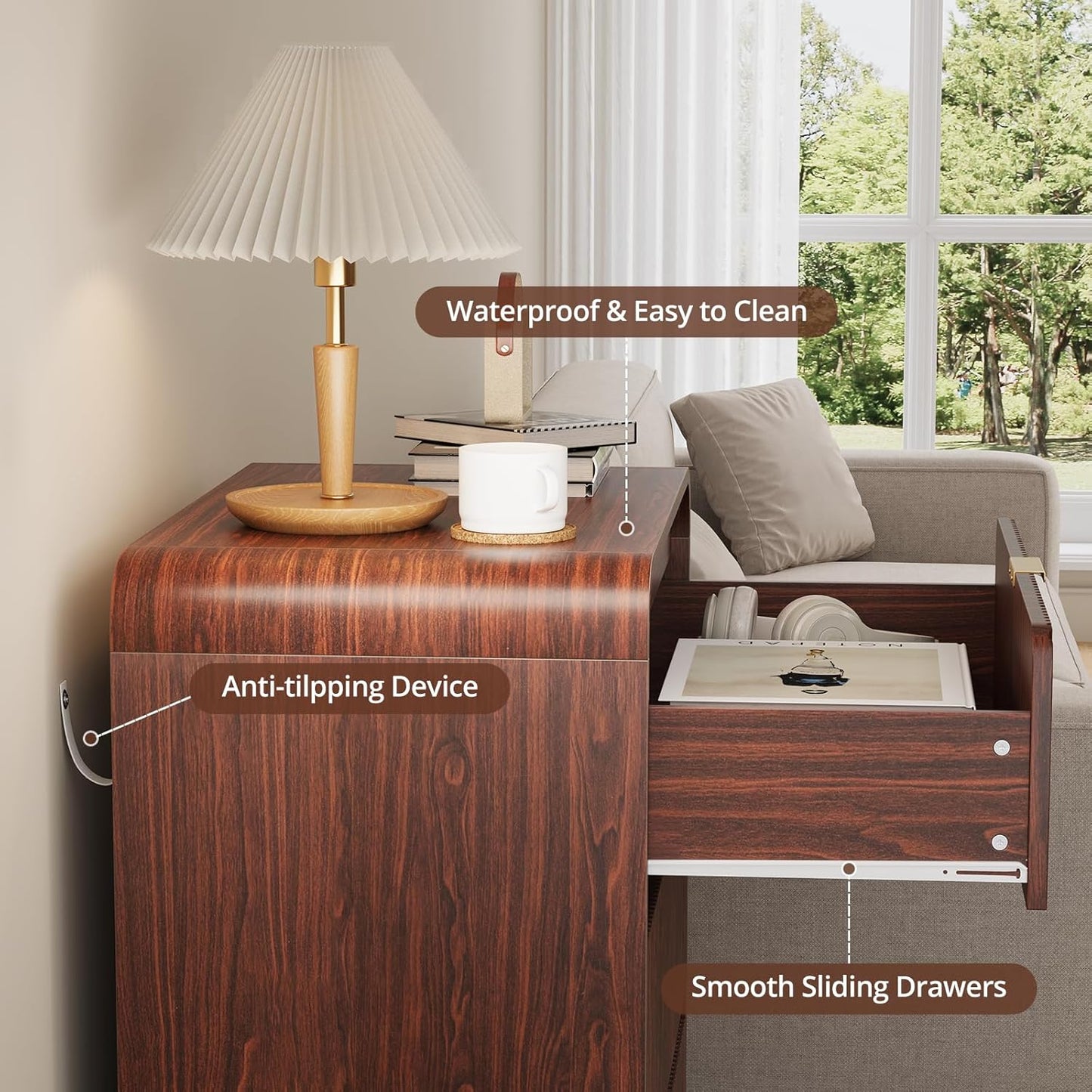 FURSUN 32" Tall Fluted Nightstand, 3 Drawers Wooden End Table w/Storage, Curved Profile Design, Modern Bedside Table for Bedroom, Dark Walnut