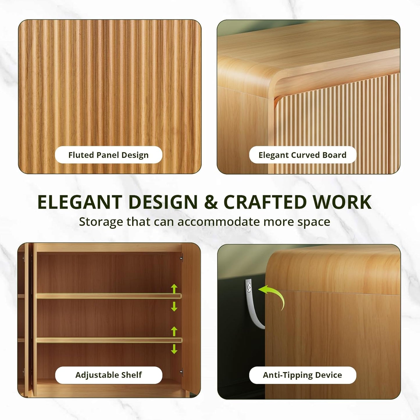 FURSUN 61" Modern Fluted Sideboard Buffet Cabinet with Storage, Curved Design Wood Coffee Bar Cabinet with 4 Doors & Adjustable Shelves for Kitchen, Dining Room, or Living Room, Natural Oak