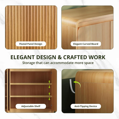 FURSUN 61" Modern Fluted Sideboard Buffet Cabinet with Storage, Curved Design Wood Coffee Bar Cabinet with 4 Doors & Adjustable Shelves for Kitchen, Dining Room, or Living Room, Natural Oak