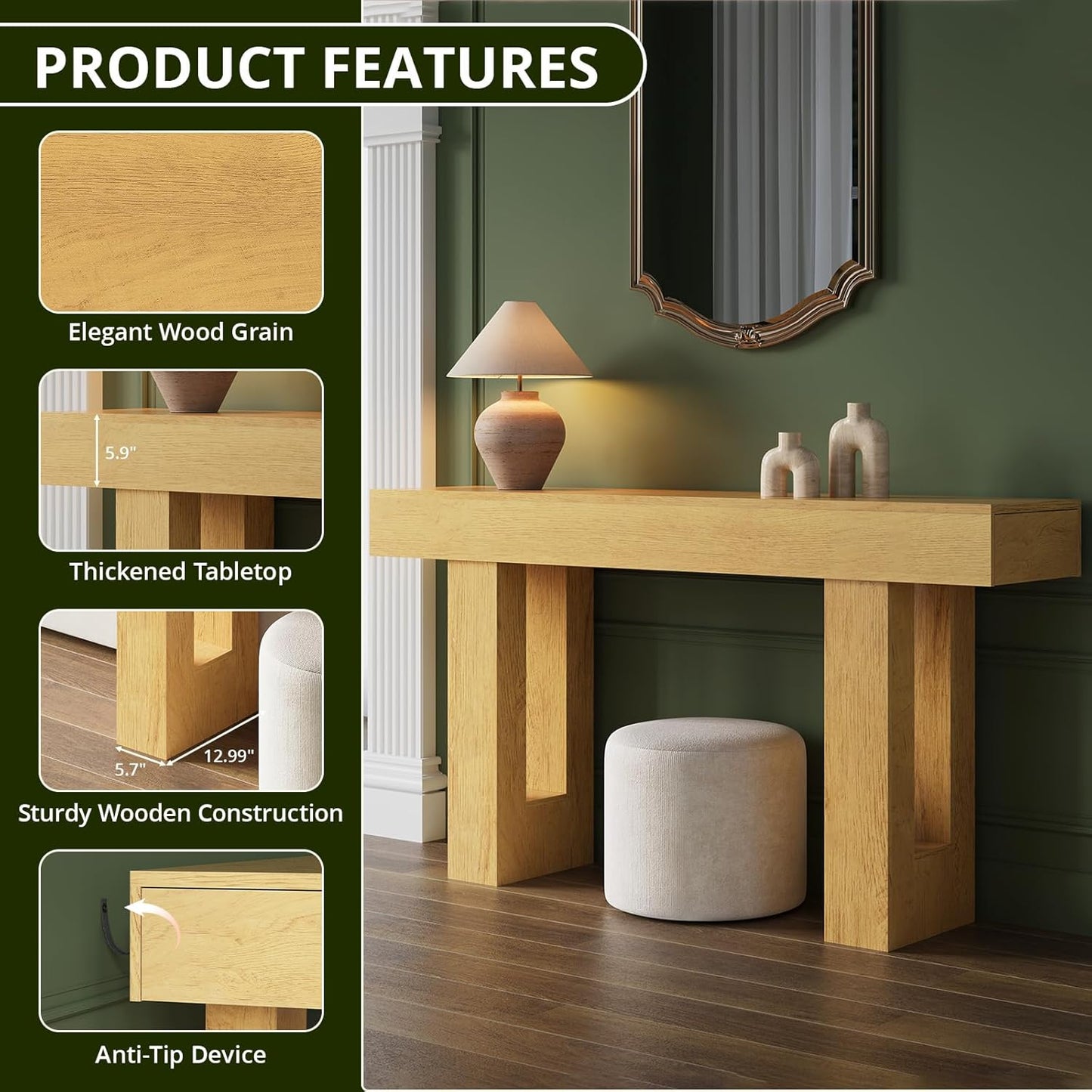 FURSUN 63-Inch Long Console Table with Storage, Wooden Narrow Sofa Table Behind Couch, Farmhouse Foyer Hallway Table for Living Room, Entrance (Natural Oak)