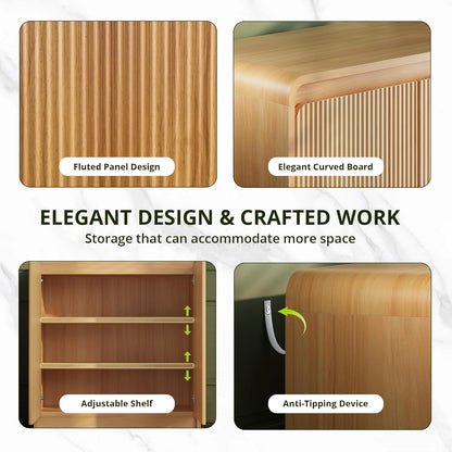 FURSUN Modern Fluted Sideboard Buffet Cabinet with Storage, Curved Design Wood Coffee Bar Cabinet with 2 Doors & Adjustable Shelves for Kitchen, Dining Room, Living Room, Natural Oak