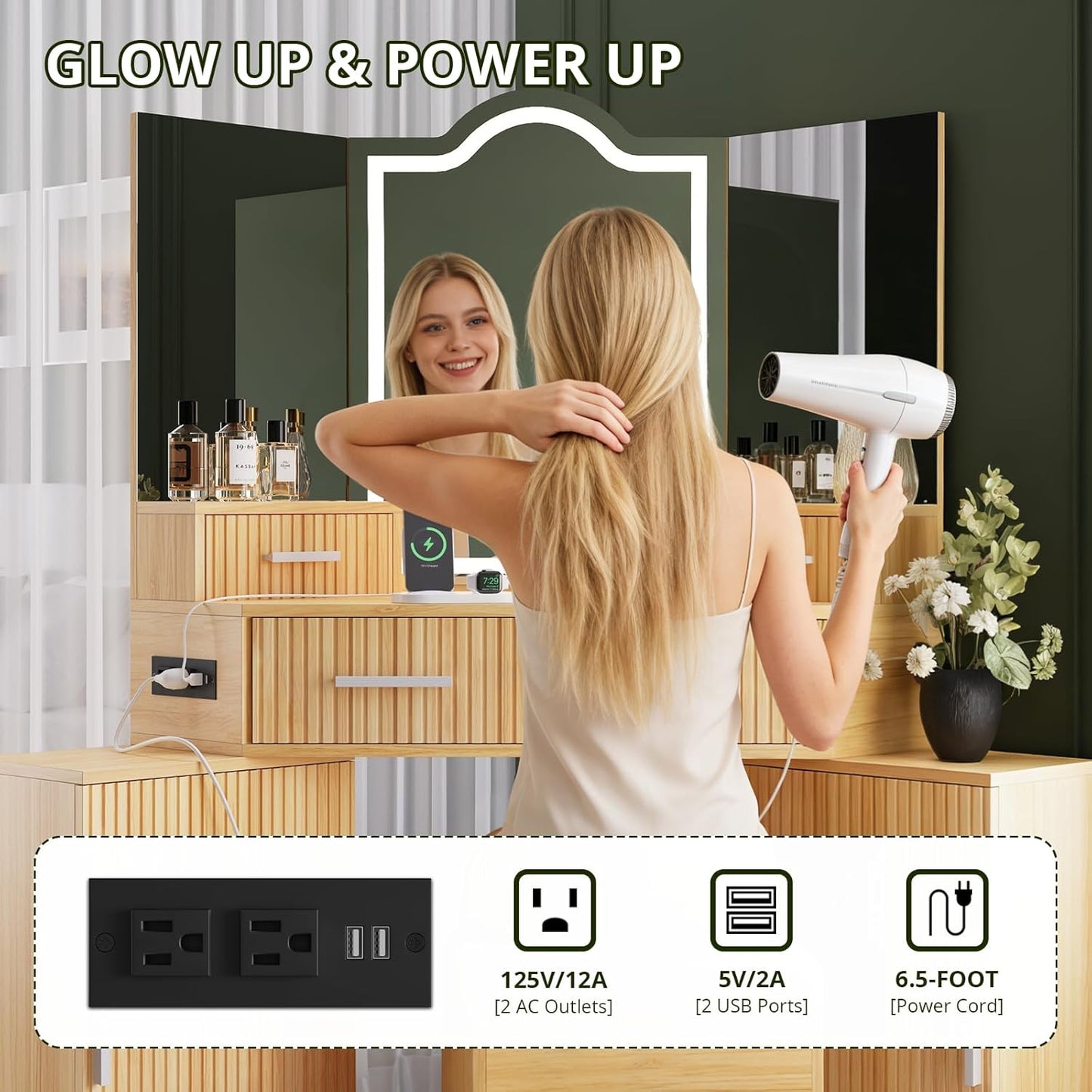 FURSUN Fluted Makeup Vanity Desk with HD 3 Way Mirror and Lights, 51" Large Corner Vanity Table with Charging Station, Dressing Table with 4 Drawers & 2 Storage Cabinets for Bedroom, Natural Oak
