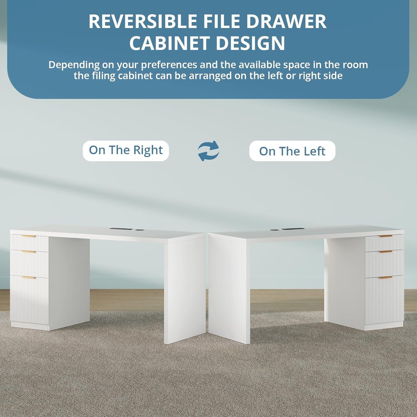 FURSUN 58" Modern Executive Desk with Storage, Home Office Desk with Drawer & Cabinet, Wooden Fluted Desk for Study, Living Room, Bedroom (White)