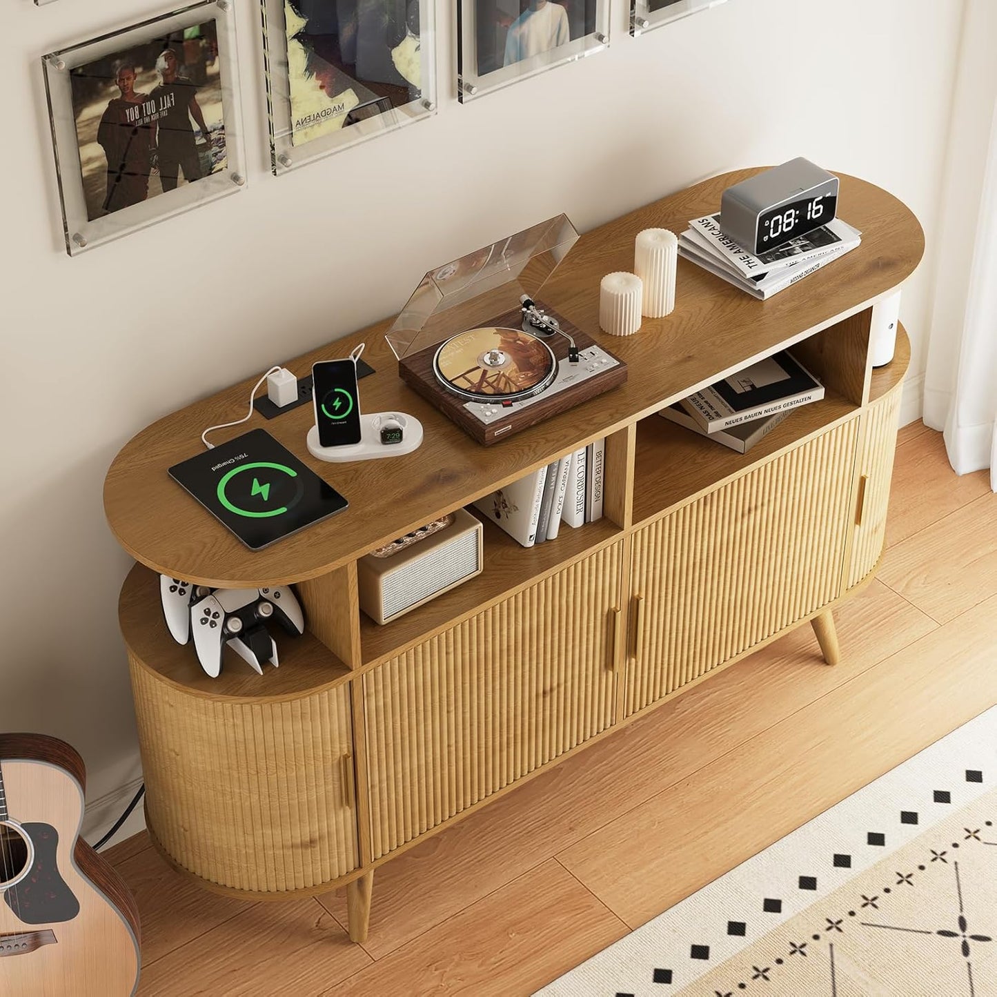 FURSUN 55" Large Round Record Player Stand, Record Storage Cabinet Holds Up 300 Albums with Charging Station & USB Ports, Fluted Modern Turntable Stand for Bedroom, Living Room, Natural Oak