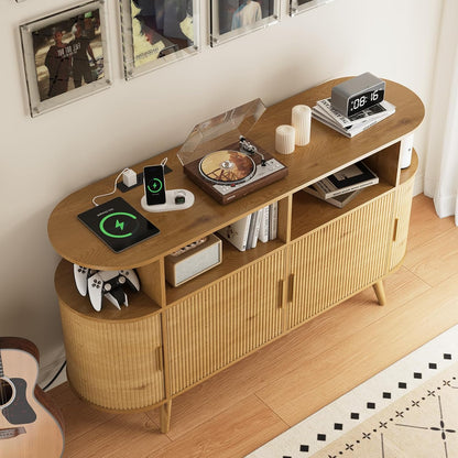 FURSUN 55" Large Round Record Player Stand, Record Storage Cabinet Holds Up 300 Albums with Charging Station & USB Ports, Fluted Modern Turntable Stand for Bedroom, Living Room, Natural Oak