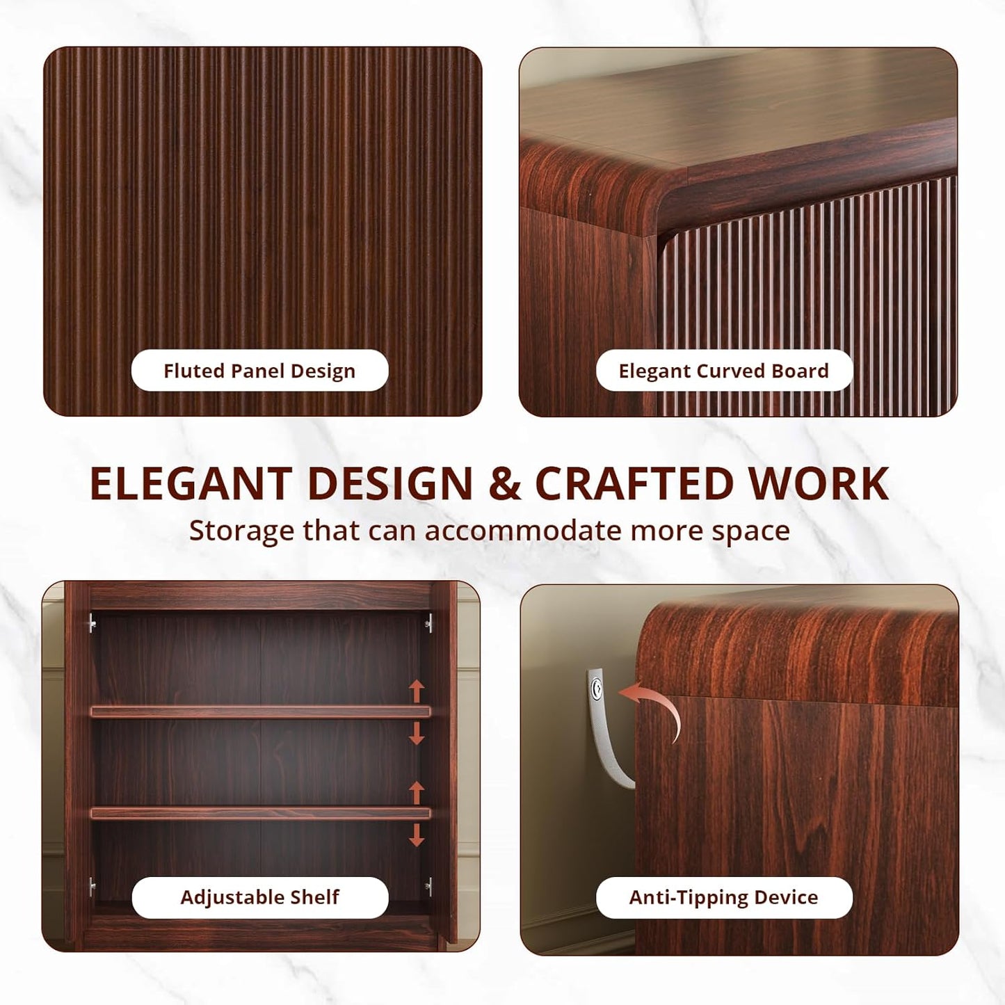 FURSUN Modern Fluted Sideboard Buffet Cabinet with Storage, Curved Design Wood Coffee Bar Cabinet with 2 Doors & Adjustable Shelves for Kitchen, Dining Room, Living Room, Dark Walnut