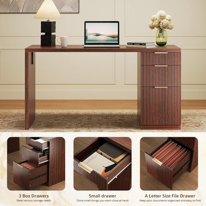 FURSUN 58" Modern Executive Desk with Storage, Home Office Desk with Drawer & Cabinet, Wooden Fluted Desk for Study, Living Room, Bedroom (Dark Walnut)