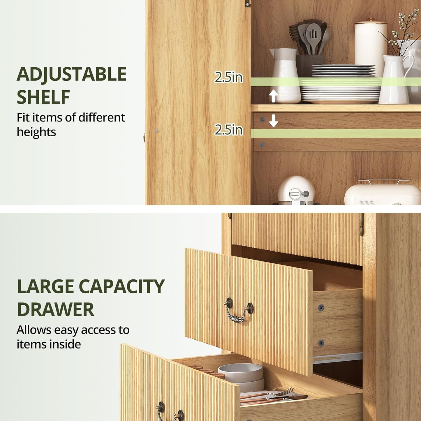 71" Tall Fluted Arched Cabinet with Doors, Wood Pantry Storage Cabinet with 2 Large Drawers, Modern Versatile Bookcase for Living Room, Kitchen, Dining (Natural Oak)