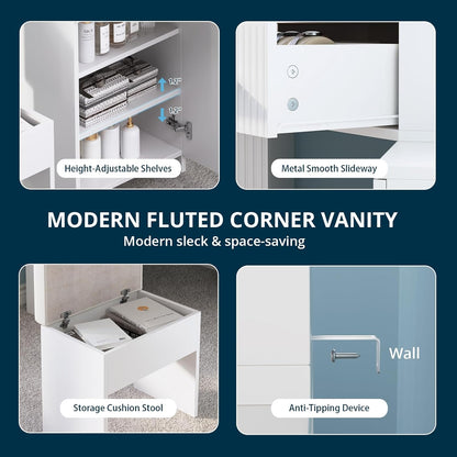 FURSUN Fluted Makeup Vanity Desk with HD 3 Way Mirror and Lights, 51" Large Corner Vanity Table with Charging Station, Dressing Table with 4 Drawers & 2 Storage Cabinets for Bedroom, White