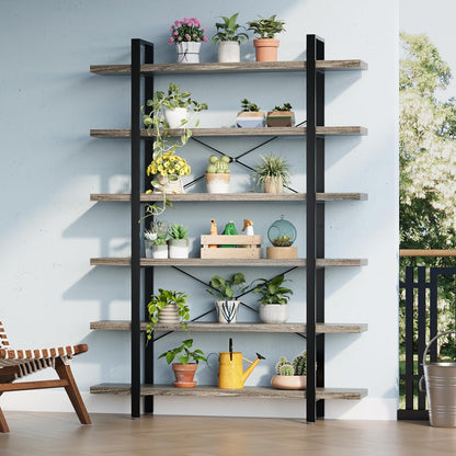 FURSUN Heavy Duty 6 Tier Bookcase, 80-in Tall Industrial Modern Large Bookshelf, Wood Farmhouse Bookcases Book Shelves and Metal Frame for Office, Bedroom, Living Room, Grey