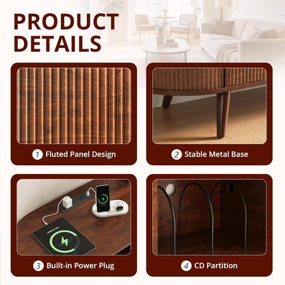 FURSUN 55" Large Round Record Player Stand, Record Storage Cabinet Holds Up 300 Albums with Charging Station & USB Ports, Fluted Modern Turntable Stand for Bedroom, Living Room, Dark Walnut