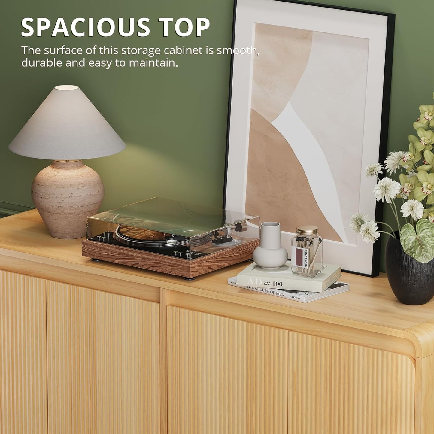 FURSUN 61" Modern Fluted Sideboard Buffet Cabinet with Storage, Curved Design Wood Coffee Bar Cabinet with 4 Doors & Adjustable Shelves for Kitchen, Dining Room, or Living Room, Natural Oak