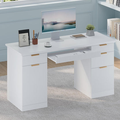 58" Fluted Modern Desk with Storage, Home Office Desk with 1 File Cabinet & 5 Drawers, Wood Executive Computer Writing Desk for Study, Living Room, Bedroom (White)