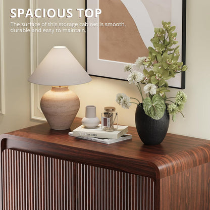 FURSUN Modern Fluted Sideboard Buffet Cabinet with Storage, Curved Design Wood Coffee Bar Cabinet with 2 Doors & Adjustable Shelves for Kitchen, Dining Room, Living Room, Dark Walnut