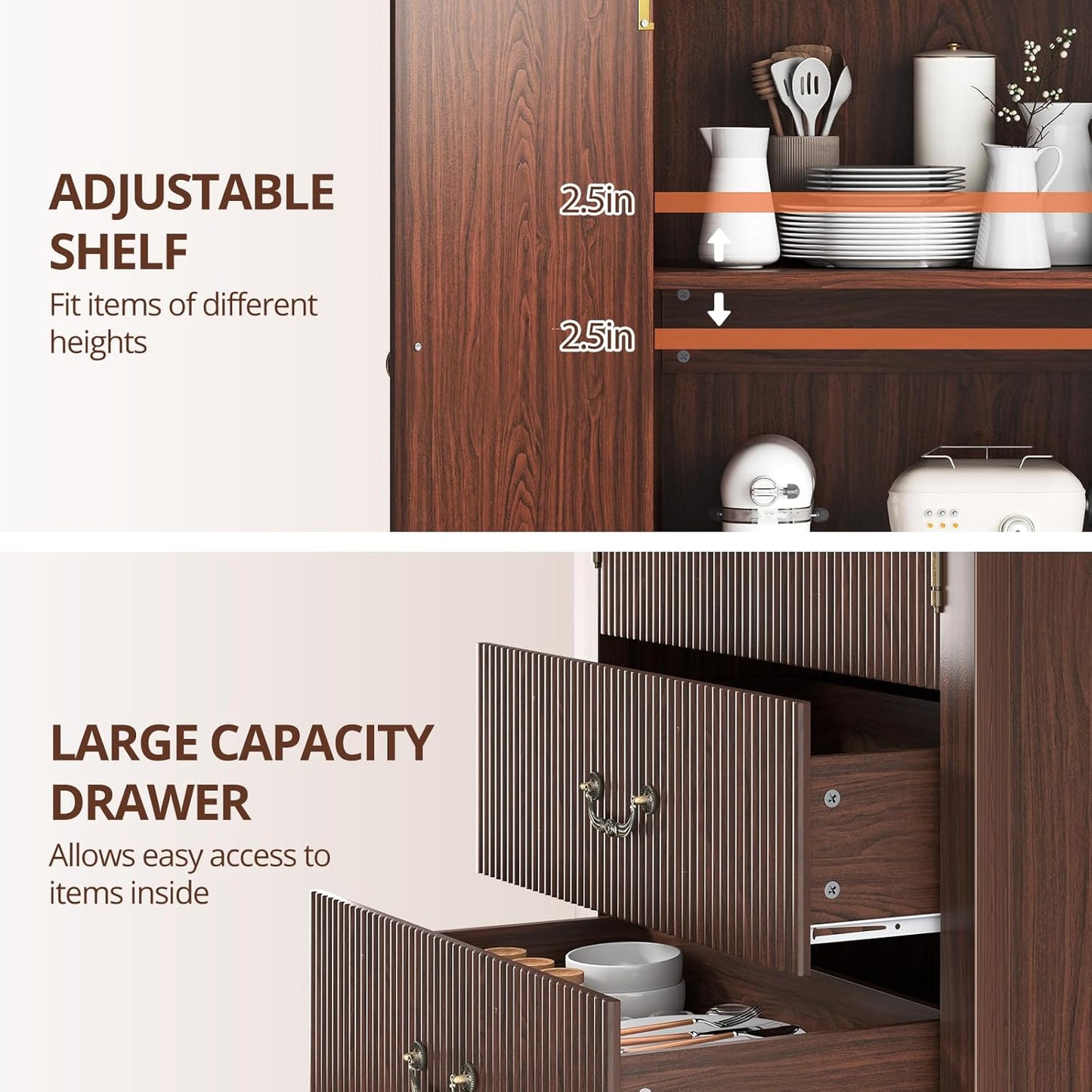 71" Tall Fluted Arched Cabinet with Doors, Wood Pantry Storage Cabinet with 2 Large Drawers, Modern Versatile Bookcase for Living Room, Kitchen, Dining (Dark Walnut)