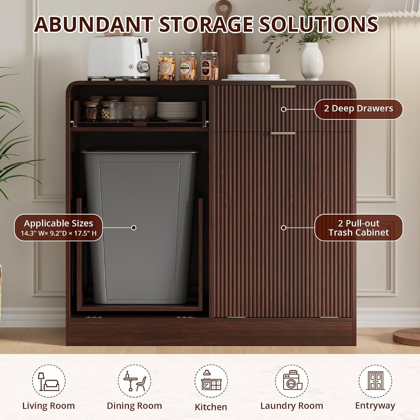 FURSUN 20 Gallons Tilt-Out Trash Can Cabinet, Fluted Laundry Hamper Cabinet with Drawers, Freestanding Pet Proof Hidden Garbage Recycling Cabinet for Kitchen, Living Room, Dark Walnut