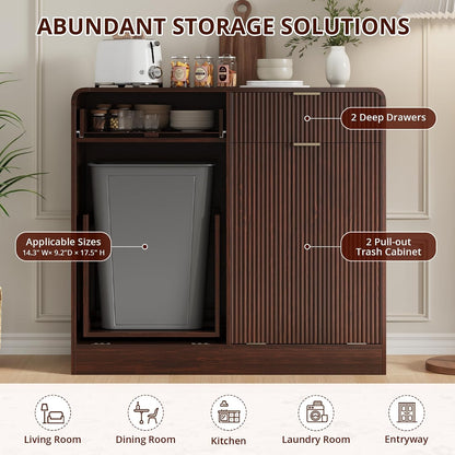 FURSUN 20 Gallons Tilt-Out Trash Can Cabinet, Fluted Laundry Hamper Cabinet with Drawers, Freestanding Pet Proof Hidden Garbage Recycling Cabinet for Kitchen, Living Room, Dark Walnut
