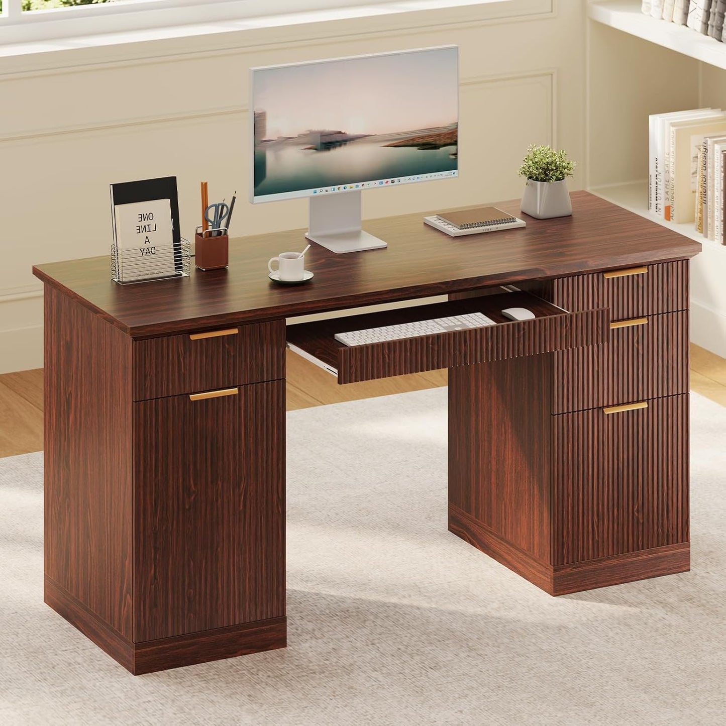 58" Fluted Modern Desk with Storage, Home Office Desk with 1 File Cabinet & 5 Drawers, Wood Executive Computer Writing Desk for Study, Living Room, Bedroom (Dark Walnut)