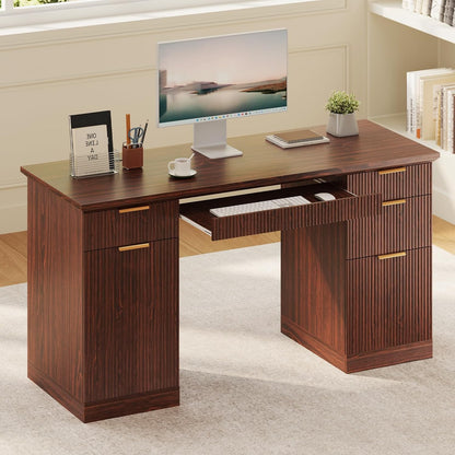 58" Fluted Modern Desk with Storage, Home Office Desk with 1 File Cabinet & 5 Drawers, Wood Executive Computer Writing Desk for Study, Living Room, Bedroom (Dark Walnut)