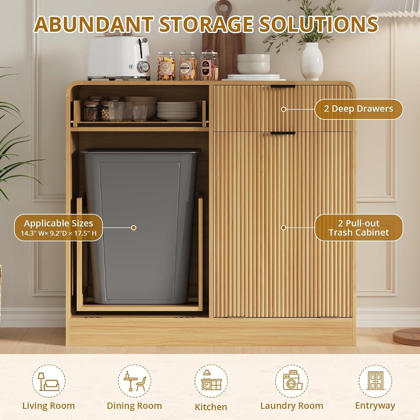 FURSUN 20 Gallons Tilt-Out Trash Can Cabinet, Fluted Laundry Hamper Cabinet with Drawers, Freestanding Pet Proof Hidden Garbage Recycling Cabinet for Kitchen, Living Room, Natural Oak