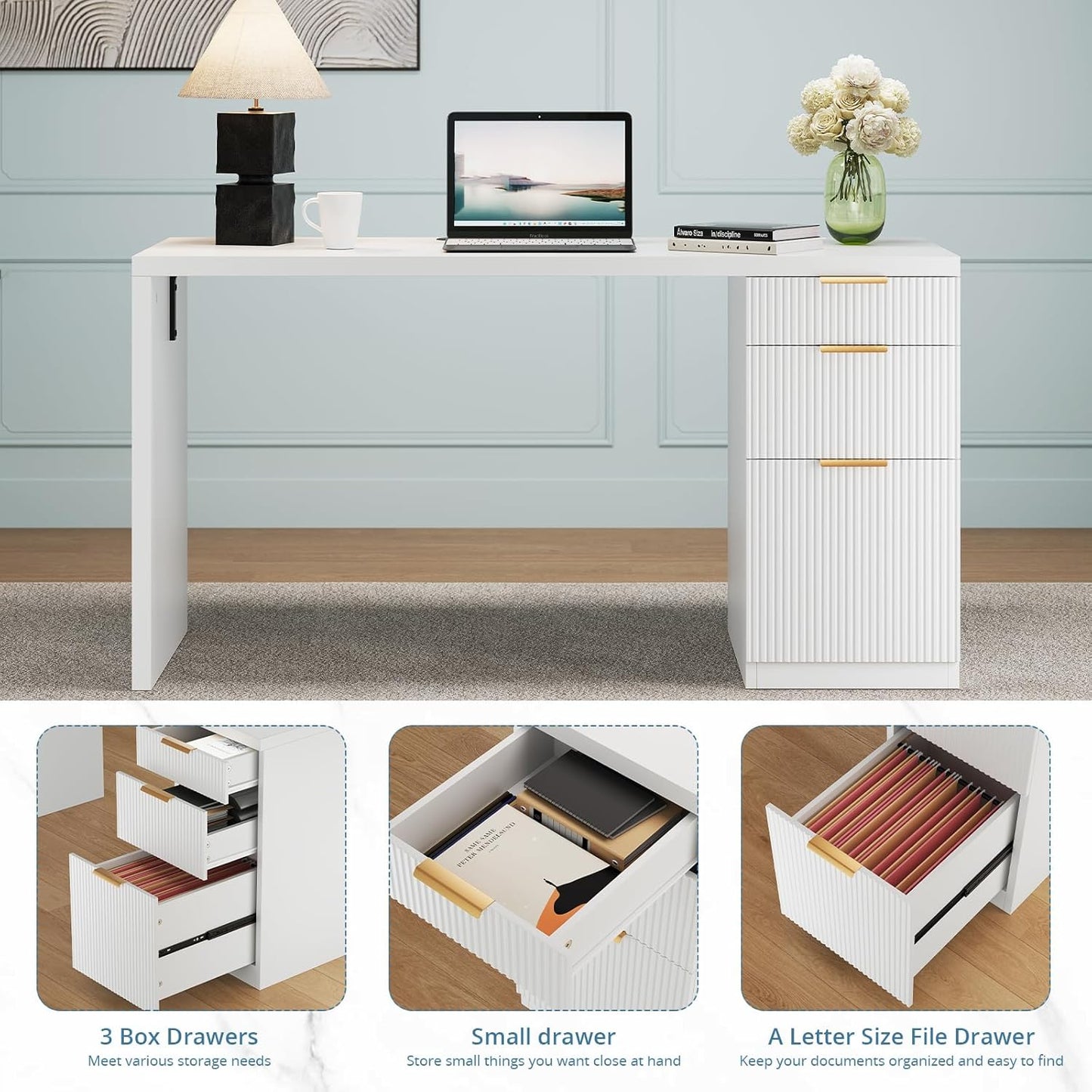 FURSUN 58" Modern Executive Desk with Storage, Home Office Desk with Drawer & Cabinet, Wooden Fluted Desk for Study, Living Room, Bedroom (White)