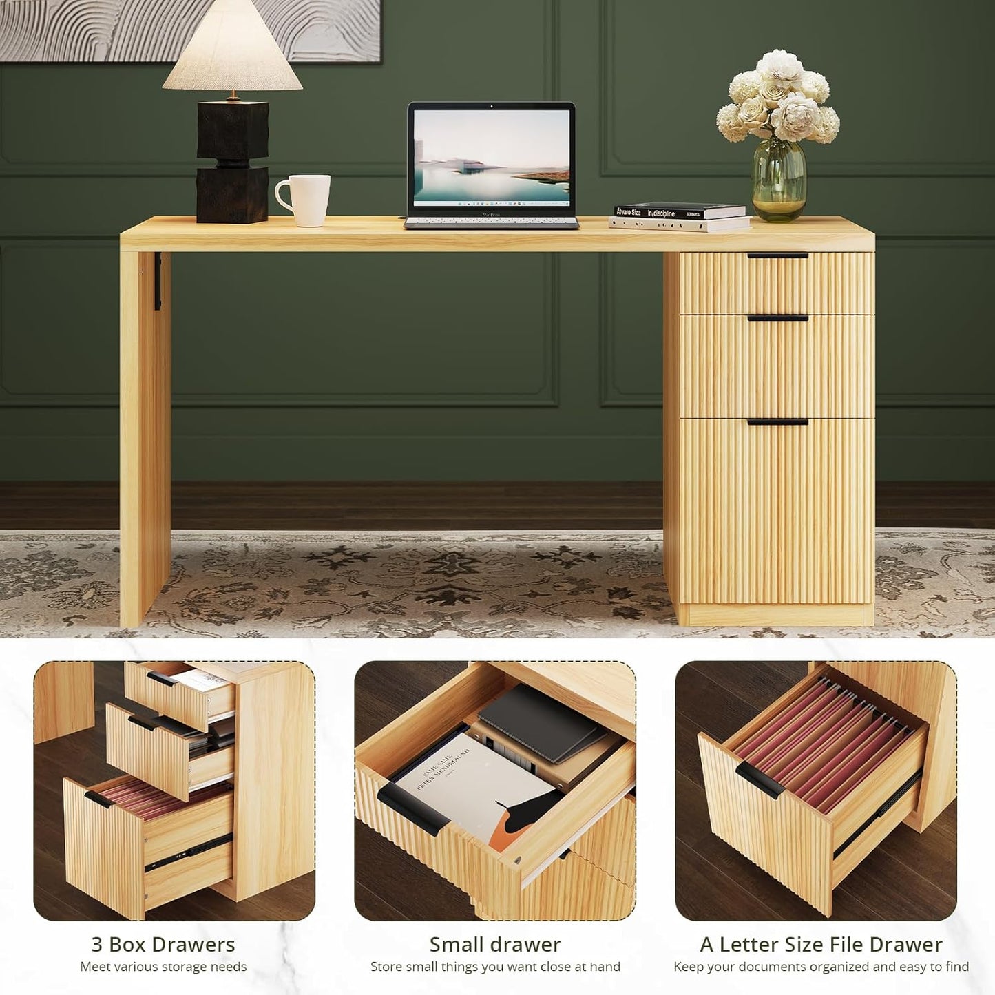 FURSUN 58" Modern Executive Desk with Storage, Home Office Desk with Drawer & Cabinet, Wooden Fluted Desk for Study, Living Room, Bedroom (Natural Oak)
