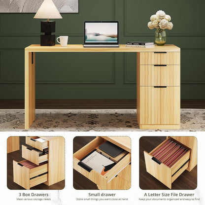 FURSUN 58" Modern Executive Desk with Storage, Home Office Desk with Drawer & Cabinet, Wooden Fluted Desk for Study, Living Room, Bedroom (Natural Oak)