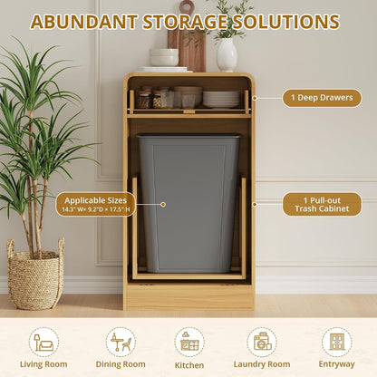 FURSUN 10 Gallons Tilt-Out Trash Can Cabinet, Fluted Laundry Hamper Cabinet with Drawers, Freestanding Pet Proof Hidden Garbage Recycling Cabinet for Kitchen, Living Room, Natural Oak