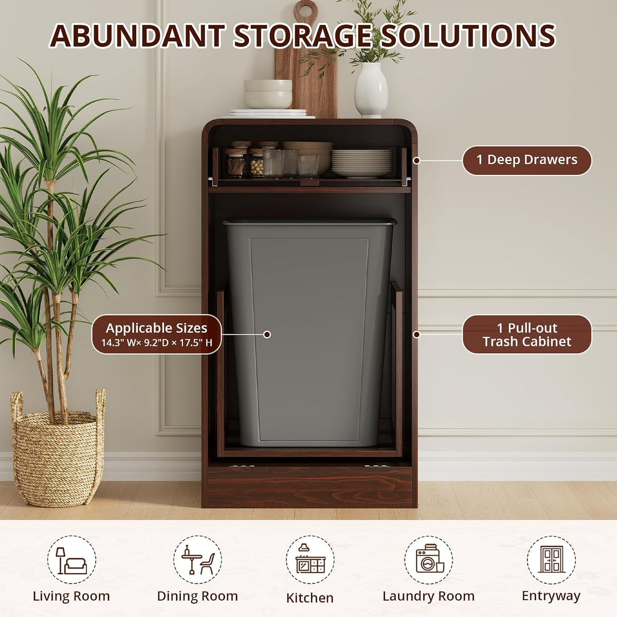 FURSUN 10 Gallons Tilt-Out Trash Can Cabinet, Fluted Laundry Hamper Cabinet with Drawers, Freestanding Pet Proof Hidden Garbage Recycling Cabinet for Kitchen, Living Room, Dark Walnut