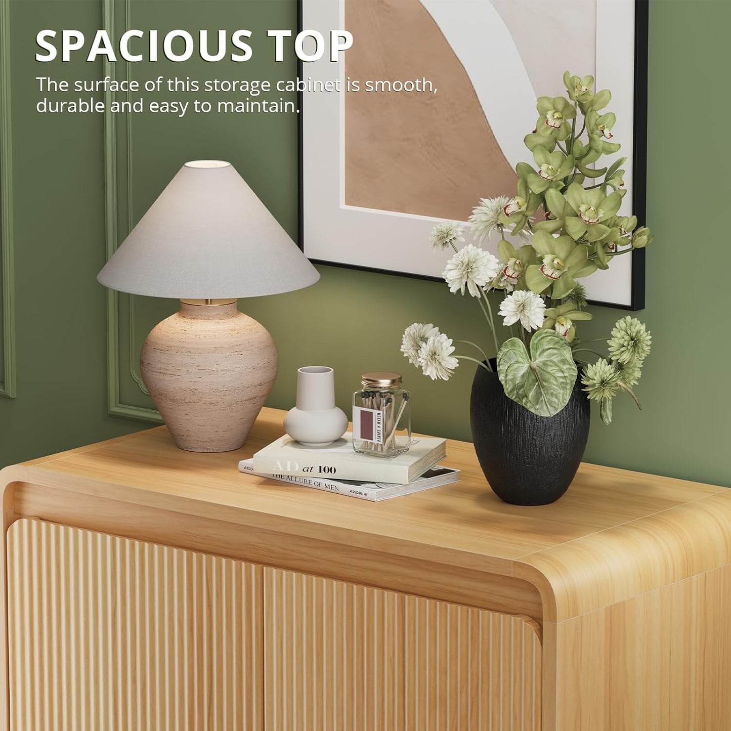 FURSUN Modern Fluted Sideboard Buffet Cabinet with Storage, Curved Design Wood Coffee Bar Cabinet with 2 Doors & Adjustable Shelves for Kitchen, Dining Room, Living Room, Natural Oak