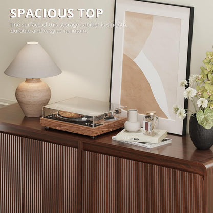 FURSUN 61" Modern Fluted Sideboard Buffet Cabinet with Storage, Curved Design Wood Coffee Bar Cabinet with 4 Doors & Adjustable Shelves for Kitchen, Dining Room, or Living Room, Dark Walnut