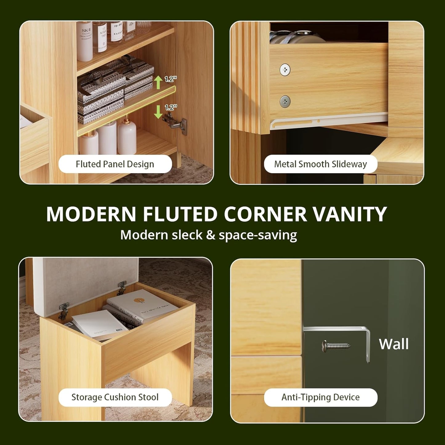 FURSUN Fluted Makeup Vanity Desk with HD 3 Way Mirror and Lights, 51" Large Corner Vanity Table with Charging Station, Dressing Table with 4 Drawers & 2 Storage Cabinets for Bedroom, Natural Oak