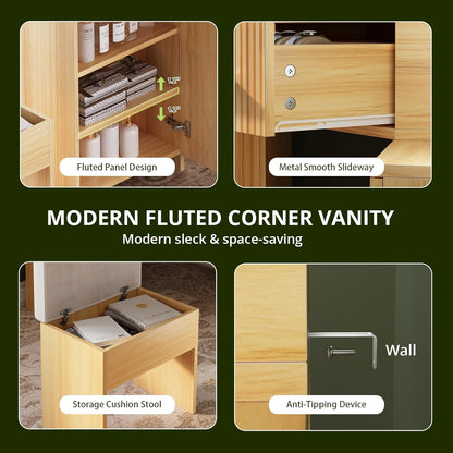 FURSUN Fluted Makeup Vanity Desk with HD 3 Way Mirror and Lights, 51" Large Corner Vanity Table with Charging Station, Dressing Table with 4 Drawers & 2 Storage Cabinets for Bedroom, Natural Oak