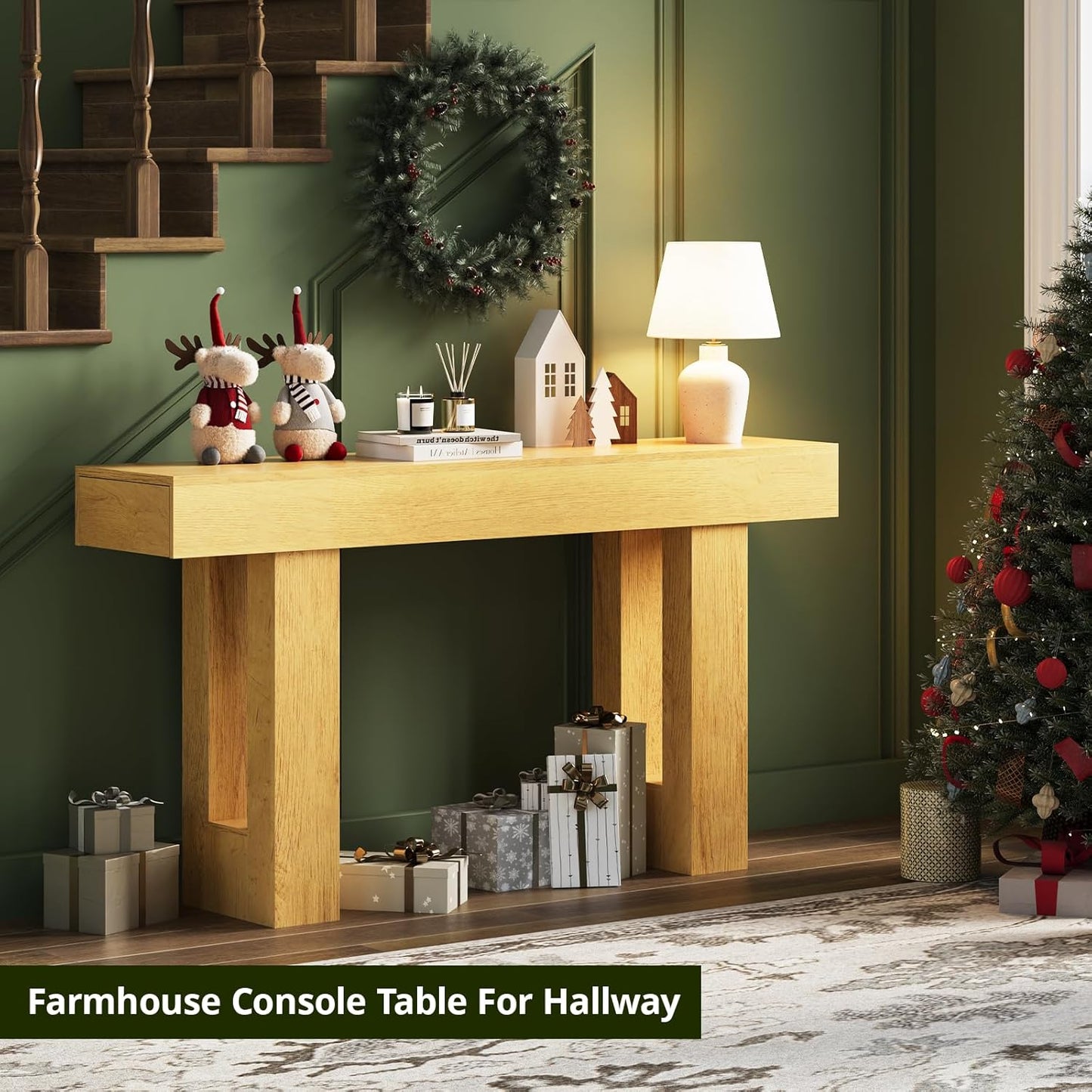 FURSUN 63-Inch Long Console Table with Storage, Wooden Narrow Sofa Table Behind Couch, Farmhouse Foyer Hallway Table for Living Room, Entrance (Natural Oak)